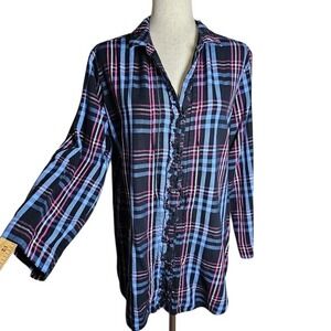 Betsy Johnson Long Line Flannel Ruffle Detail Black Blue Pink Size Large